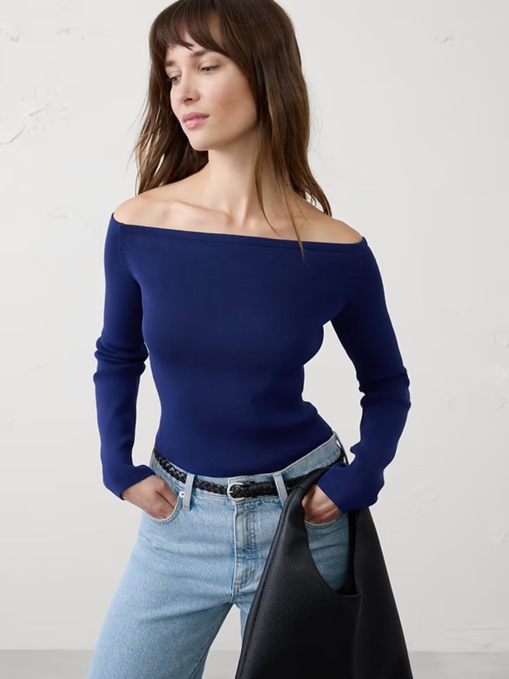 Banana Republic Off-the-Shoulder Navy Ribbed Sweater